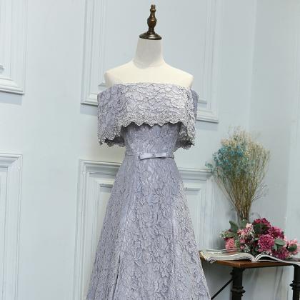 Grey Lace Length Evening Dress Pearl Straps Sewn..