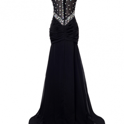 Black Party Dress Silk Crystal Folds As Seam Long..