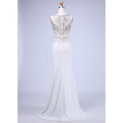Long Evening Dress Formal Sleeveless White Pearl..