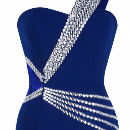 A Shoulder Pearl Mermaid Long Blue Dress Formal..