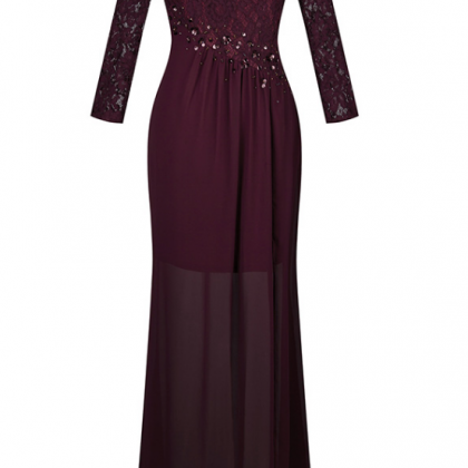 Long Neck Lace Long Sleeve Purple Silk Dress..