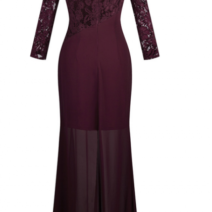 Long Neck Lace Long Sleeve Purple Silk Dress..