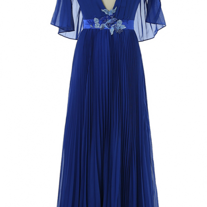 Royal Blue Prom Dresses A-line V-neck Chiffon Lace..