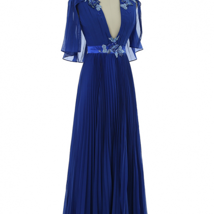 Royal Blue Prom Dresses A-line V-neck Chiffon Lace..