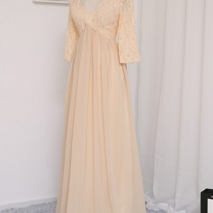 Champagne Evening Dresses A-line Long Sleeves Lace..