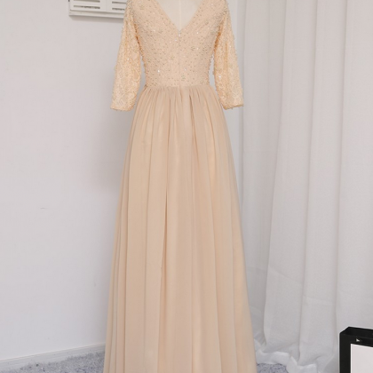 Champagne Evening Dresses A-line Long Sleeves Lace..