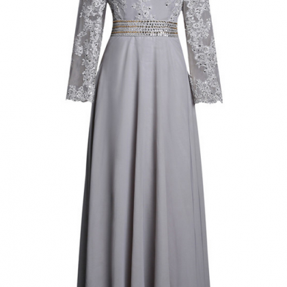 Silver Evening Dresses A-line Long Sleeves Chiffon..
