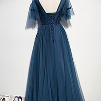 Elegant Short Sleeve Tulle Evening Dress Long..
