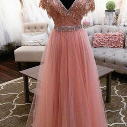 Lace Floor-length Charming Beading V-neck Pink..