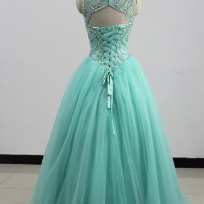 Turquoise Tulle Evening Dress Beaded Quinceanera..