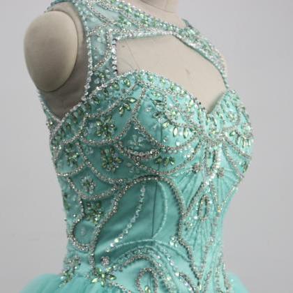 Turquoise Tulle Evening Dress Beaded Quinceanera..