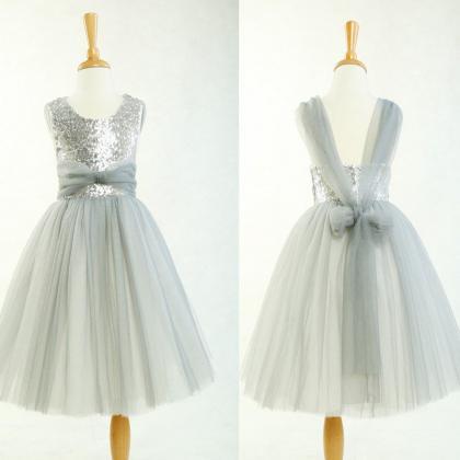 Round Neck Silver Sequin Tulle Pretty Little Girl..