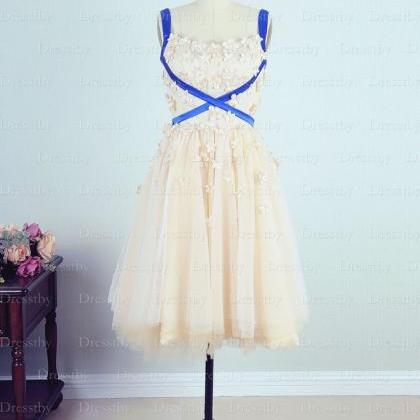 Champagne Tulle Lace Applique Short Prom Dress,..