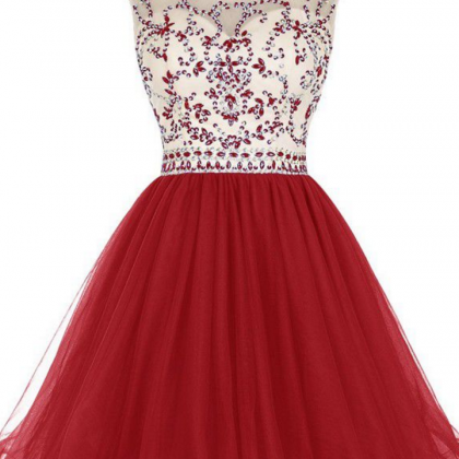Homecoming Dresses Dark Red Capped Sleeves Tulle..