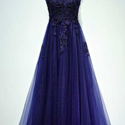 Charming Navy Blue Long Tulle Prom Dress, Long..