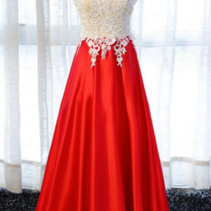 Red Satin White Lace Bodice Long Party Dresses,..