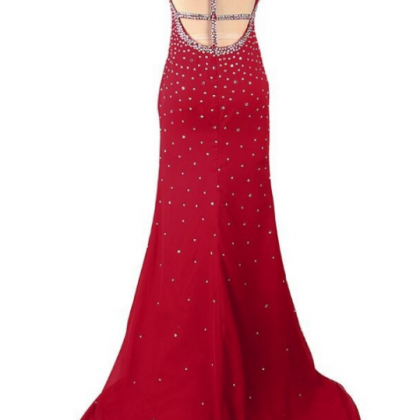 Red Beading Halter Satin Prom Dresses