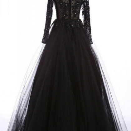Black Long A-line Sequins Tulle Prom Dresses