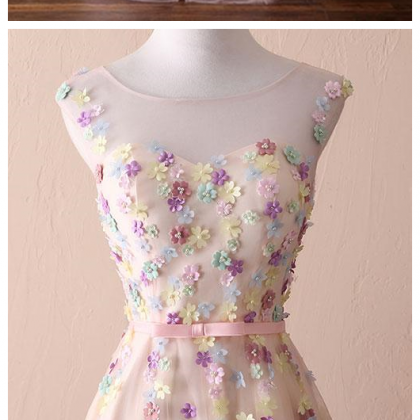 Cute Round Neck Flowers Long Prom Dress, Evening..