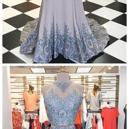 Unique Gray Lace Applique Long Prom Dress, Evening..