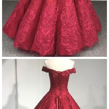Burgundy Lace Off Shoulder Long Prom Dress,..