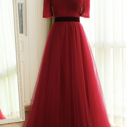Simple Burgundy A-line Tulle Prom Dress,evening..
