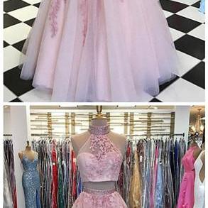 Prom Dresses,pink Two Pieces Lace Tulle Long Prom..