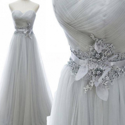 Sweetheart Neck Silver Tulle Prom Dresses Lace..