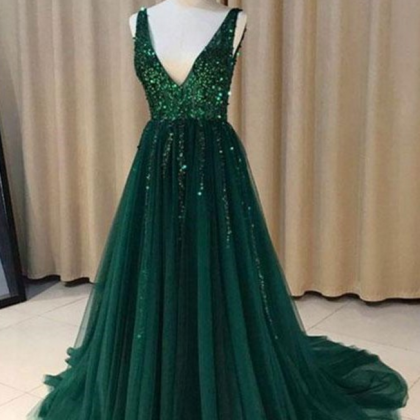 Stylish A-line V-neck Green Tulle Long Prom Dress..