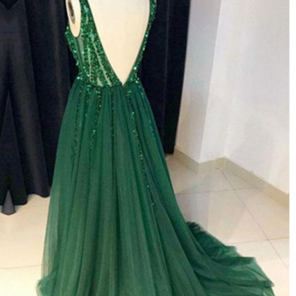 Stylish A-line V-neck Green Tulle Long Prom Dress..