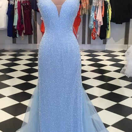 Exquisite Light Blue Prom Dress,spaghetti Straps..