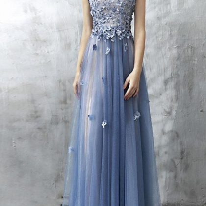 Blue Lace Applique Beads Tulle Long Prom Dress,..