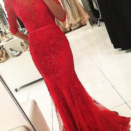 Red Evening Dress, Long Sleeve Evening Dress, Lace..