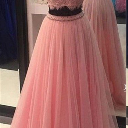 Two Piece Prom Dresses, Lace Prom Dresses, Pink..