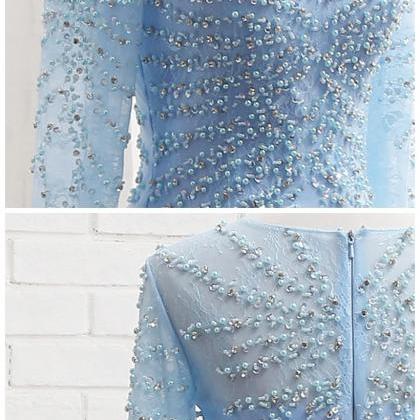 Light Blue Short Prom Dress Lace With Beaded Long..