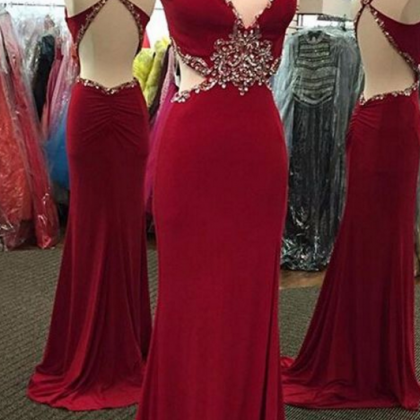 Chiffon Prom Dress,backless Prom Dress,red Beaded..