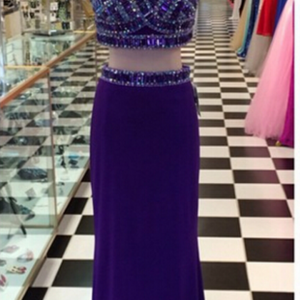 Purple Two Pieces Satin Prom Dresses Beaded..