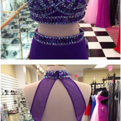 Purple Two Pieces Satin Prom Dresses Beaded..