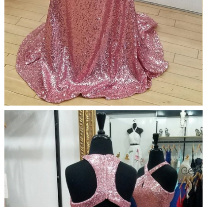 Sparkly Cross Neck Pink Sequins Mermaid Prom..