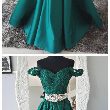 Green Lace Off Shoulder Prom Dress,sweetheart..