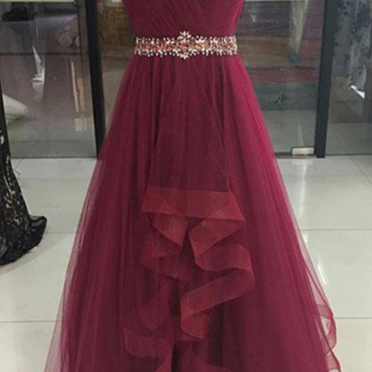 Burgundy Sweetheart Tulle Long Prom Dress,..