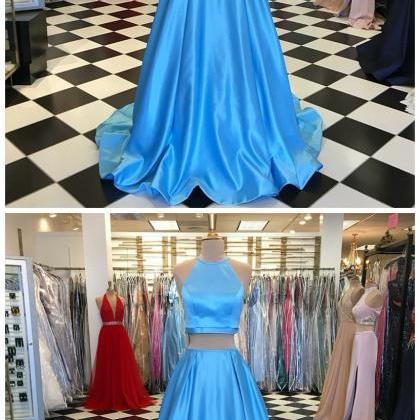 Two Piece A-line Round Neck Sweep Train Blue Prom..