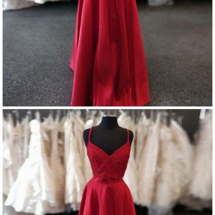 Two Piece A-line Spaghetti Straps Red Satin Prom..