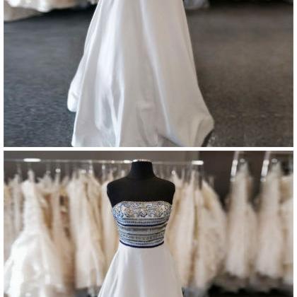 A-line Strapless Floor-length White Beaded Prom..