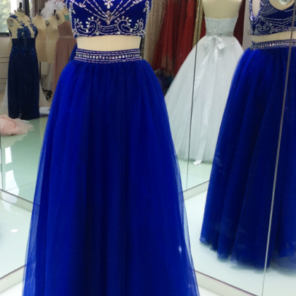 Modest Royal Blue Prom Dress 2 Pieces Tulle High..