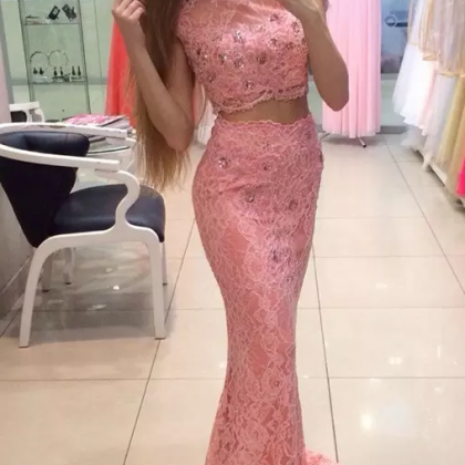Newest Lace Two Pieces Pink Mermaid Evening..