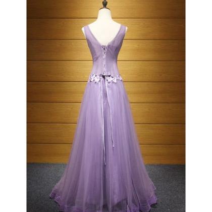 A-line V-neck Floor-length Tulle Prom Dress With..