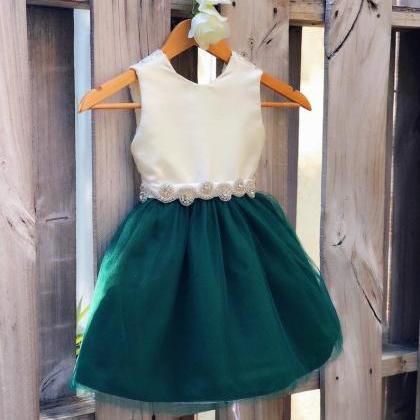 Hunter Green Flower Girl Dresses With Rhinestone..
