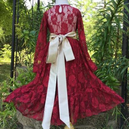 Burgundy/wine Lace Flower Girl Dress,long Sleeve..
