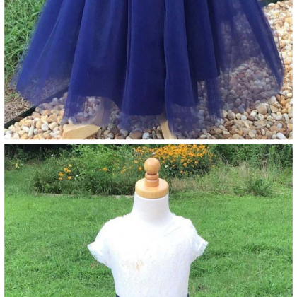 Blue Tulle Long Flower Girl Dress With Lace Top,..